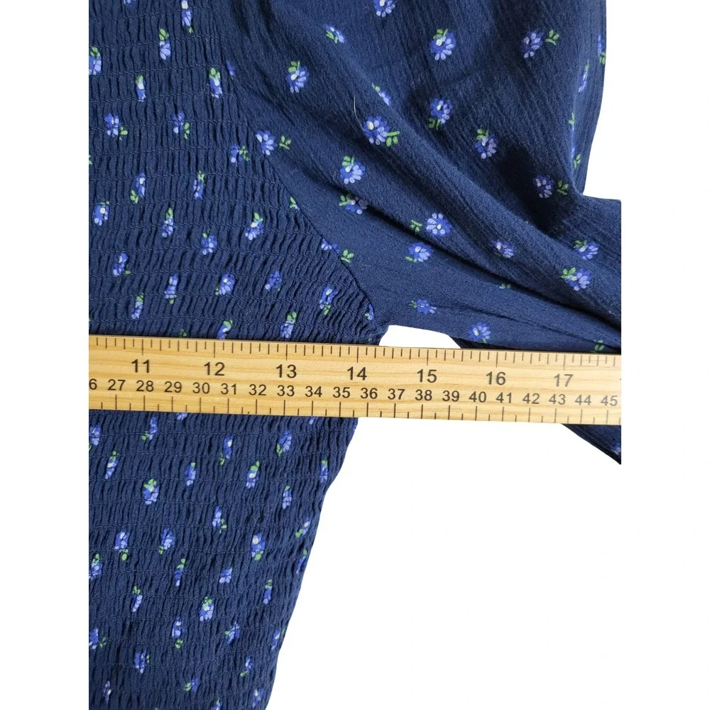 Madewell Smocked Long Sleeve Top Navy Floral Square Neck Blouse XL Cottage core